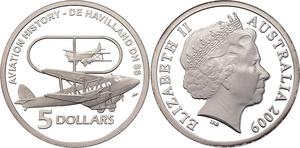 Australia / Five Dollars Silver 2009 De Havilland DH 86 - obverse photo
