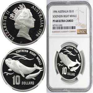 Australia / Ten Dollars Silver 1996 Southern Right Whale - obverse photo