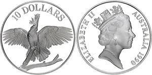 Australia / Ten Dollars Silver 1990 Cockatoo - obverse photo