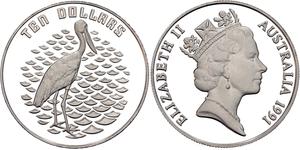 Australia / Ten Dollars Silver 1991 Jabiru - reverse photo