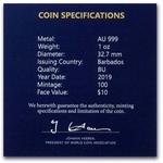 Gold Ounce 2019 Caribbean Seahorse: Photo 2019 Barbados 1 oz Gold Caribbean Seahorse BU / thumbnail