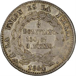Bolivia / One-fifth Boliviano 1864 - reverse photo