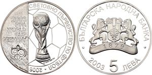 Bulgaria / Five Leva Silver 2003 FIFA World Cup - obverse photo