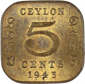 Ceylon, British / Five Cents 1943 - reverse photo