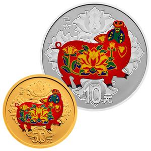 China / Gold Three Grams 2019 Year of the Pig, Coloured - reverse photo