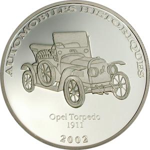 Congo, Democratic Republic of the / Ten Francs Silver 2002 Historical Cars - Opel Torpedo - reverse photo