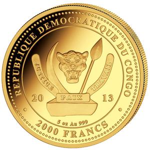 Congo, Democratic Republic of the / Gold Five Ounces 2013 Big Five - Rhino - obverse photo
