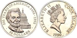 Cook Islands / Silver Ounce 1990 Discovery of America - Abraham Lincoln - obverse photo