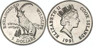Cook Islands / Five Dollars 1991 Endangered Wildlife - Capricorn - reverse photo