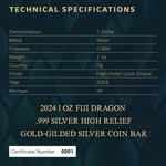 Silver Ounce 2024 Year of the Dragon: Photo 2024 1oz Fiji Dragon .999 Silver High Relief Gold-Gilded Silver Coin Bar / thumbnail