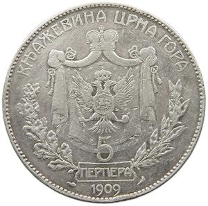 Montenegro, Kingdom of / Five Perpera 1909 - reverse photo