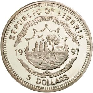 Liberia / Silver Five Dollars 1997 Marine Life - reverse photo