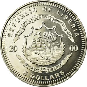 Liberia / Five Dollars 2000 Olympics - Javelin - reverse photo