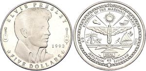 Marshall Islands / Five Dollars 1993 Elvis Presley - reverse photo