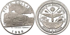 Marshall Islands / Silver Ounce 1996 QJ Advance Forward Steam Locomotive - obverse photo