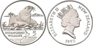 New Zealand / Silver Ounce 1993 Endangered World Wildlife - Hooker Sea Lions - obverse photo