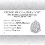 Platinum Ounce 2021 Roaring Lion of Judah: Photo Coin, Niue, Platinum Ounce 2021 Roaring Lion of Judah / thumbnail