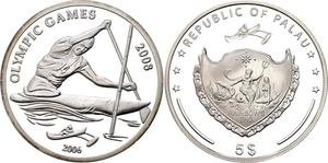 Palau / Five Dollars Silver 2006 Olympic Games - Kayaking - reverse photo