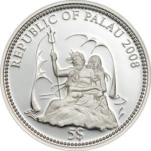 Palau / Five Dollars Silver 2008 Grey Reef Shark - obverse photo