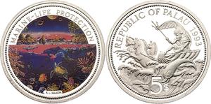 Palau / Five Dollars Silver 1993 Marine Life Protection - obverse photo