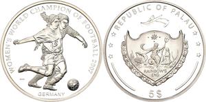 Palau / Five Dollars Silver 2007  Women's World Champion of Football - obverse photo