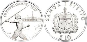Samoa / Silver Ounce 1991 Olympic Games - Javelin Thrower - reverse photo