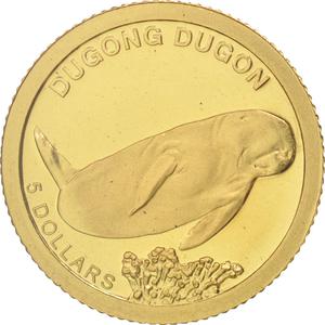 Solomon Islands / Five Dollars Gold 2011 Dugong Dugon - reverse photo