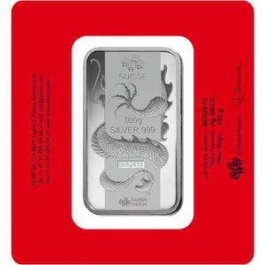 Switzerland / Silver One Hundred Grams Bar 2012 Year of the Dragon - obverse photo