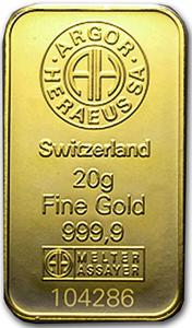 Switzerland / Gold Twenty Grams Bar - Argor-Heraeus Kinebar - reverse photo
