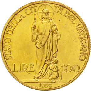 Vatican / One Hundred Lire 1939 Gold - reverse photo
