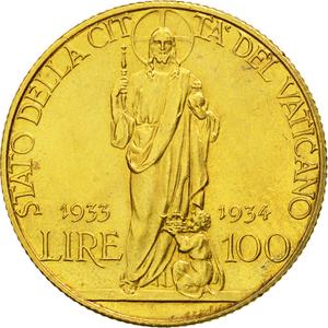 Vatican / One Hundred Lire 1933-1934 Gold - reverse photo