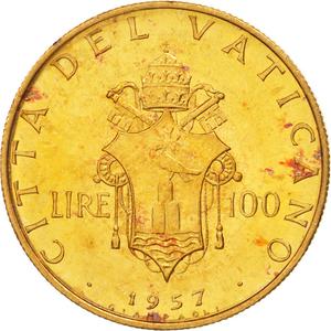 Vatican / One Hundred Lire 1957 Gold - reverse photo
